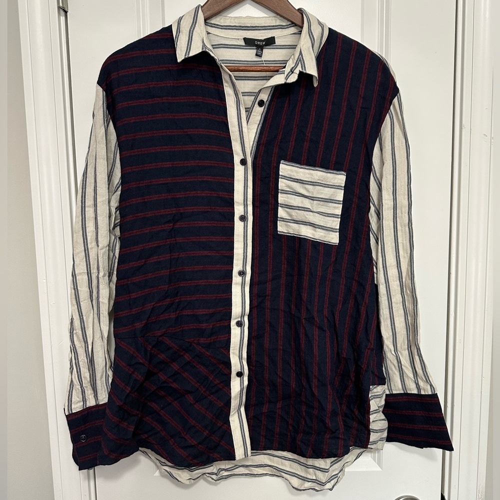 NWT Drew Nikita Blouse Large Striped Patchwork Collared Shirt White Navy Red